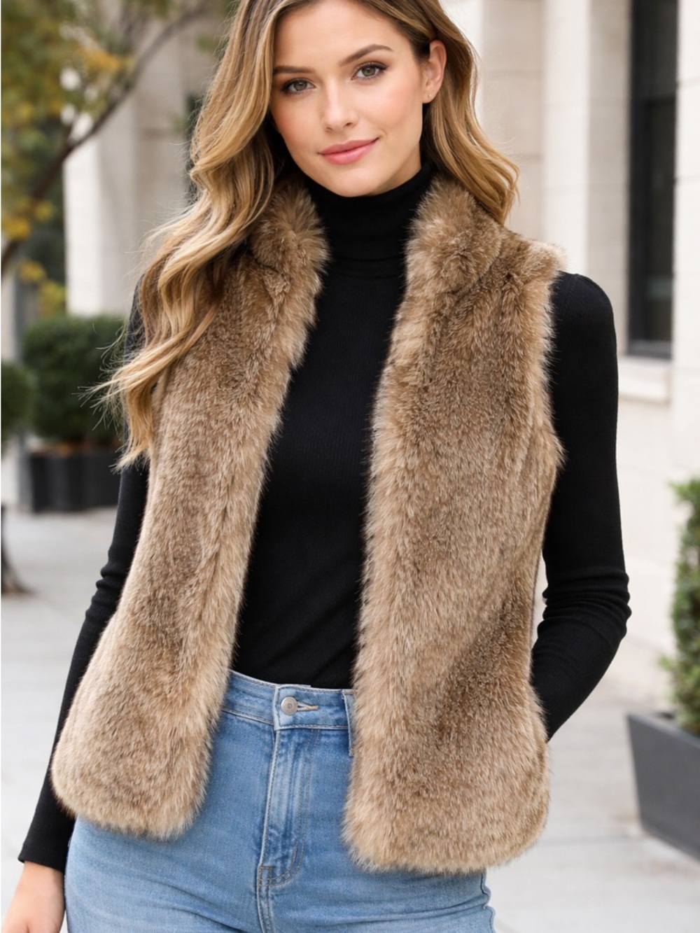 aerie Faux Fur Trim Knit Vest in Gray Taupe